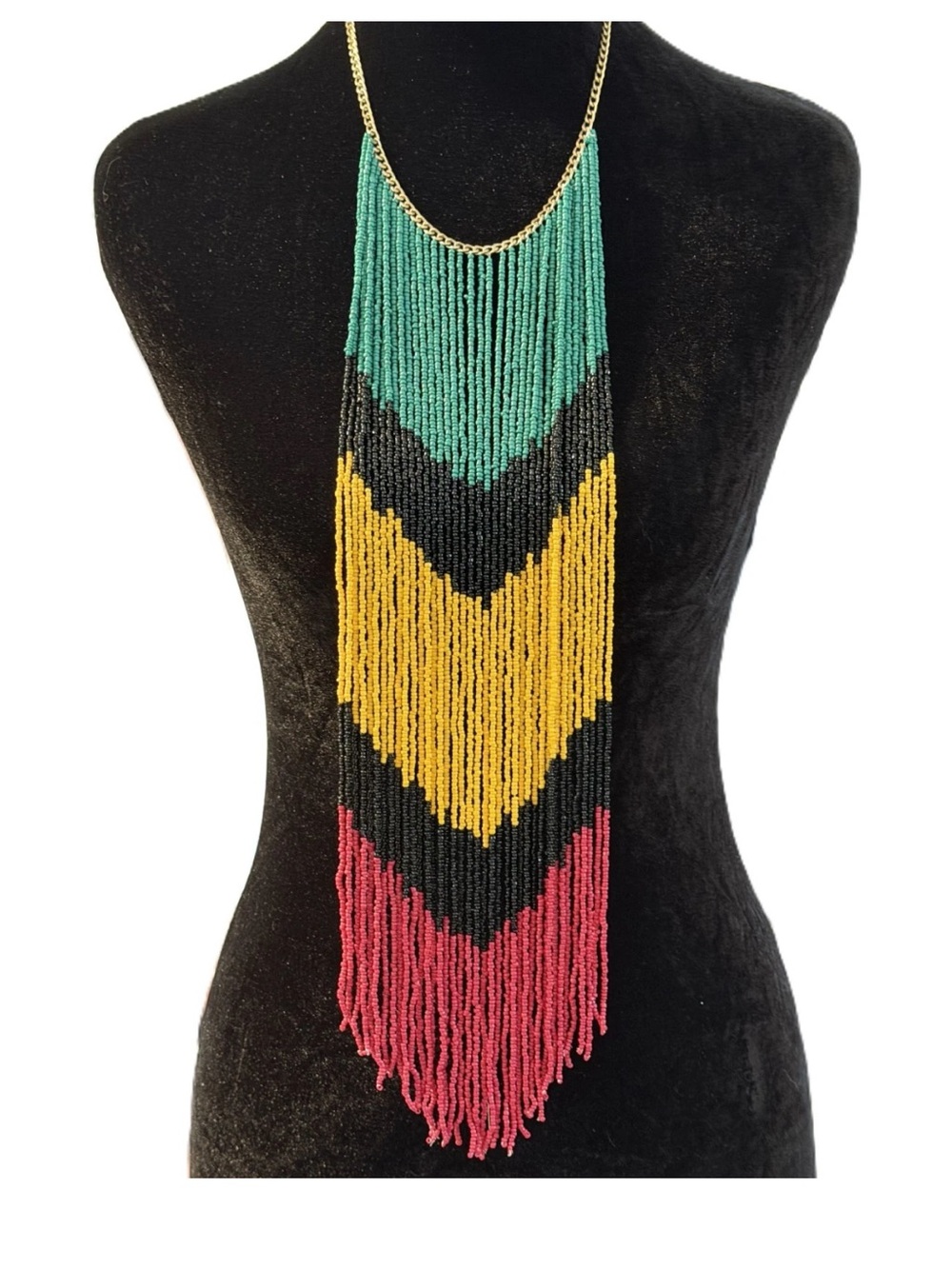 Fringed Beaded Chevron Statement Necklace - Green, Yellow, Red